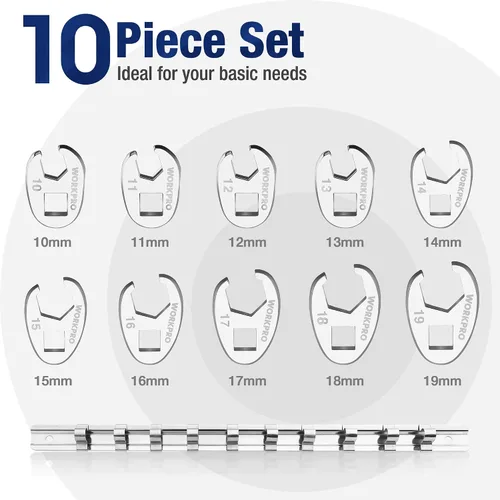 Miniatura 4 de WORKPRO Juego de llaves de 3/8" de tuerca acampanada, kit de herramientas de 10 piezas de llave de tuerca de gallo, métrico 10-19mm, llave de acero