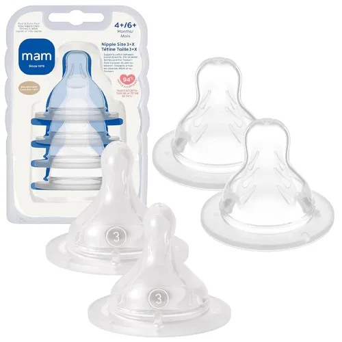 MAM Pezones para Biberón de Flujo Mixto - Pack de Tetina de Flujo Rápido Nivel 3 y Tetina de Flujo Extra Rápido Nivel 4, para Recién Nacidos y