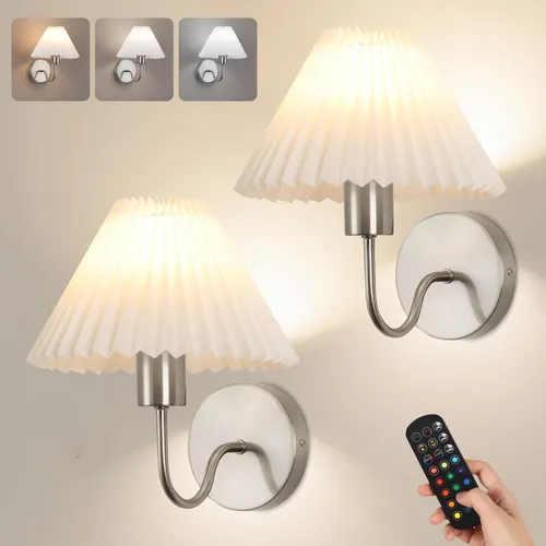 Miniatura 13 de Juego de 2 apliques de pared inalámbricos, pantallas plisadas recargables que funcionan con batería, luces de pared retro de cuello de ganso Dorado