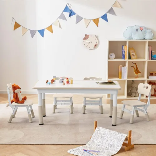 Miniatura 7 de Juego de mesa y 4 sillas para niños, escritorio de estudio para niños, mesa de comedor, escritorio de plástico ajustable en altura ajustable, Grano
