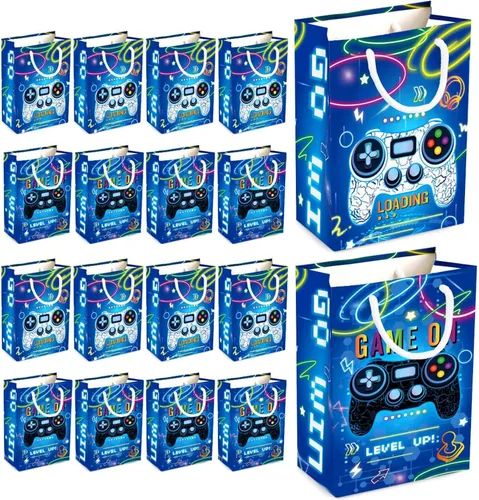 WERNNSAI Bolsas de recuerdo de fiesta de videojuegos – 16 piezas de decoración de cumpleaños de juegos azules, bolsas de regalo, suministros de Azul