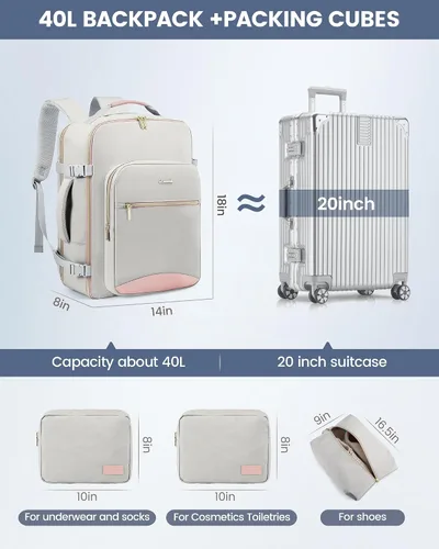 Miniatura 7 de LOVEVOOK Mochila de viaje de 40L aprobada para vuelo, 3 cubos de embalaje, bolsa de viaje impermeable para artículos personales, equipaje de mano