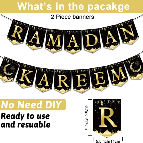 Miniatura 2 de Cartel de Ramadán Mubarak para decoración de fiesta, linterna de luna negra dorada y negra, banderines colgantes de Ramadán Kareem, suministros
