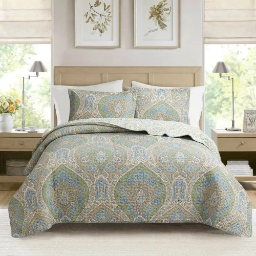 Miniatura 22 de Cozy Line Home Fashions Nina Trista Flowers - Juego de ropa de cama reversible 100% algodón con cinta azul aguamarina, estampado floral gris, colcha