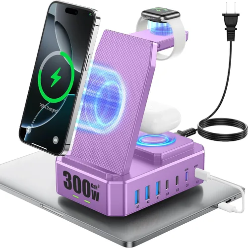 Miniatura 11 de Estación de carga de 300W para múltiples dispositivos Apple, cargador inalámbrico 10 en 1 para iPhone, soporte de carga rápida PD 65W USB C GaN III