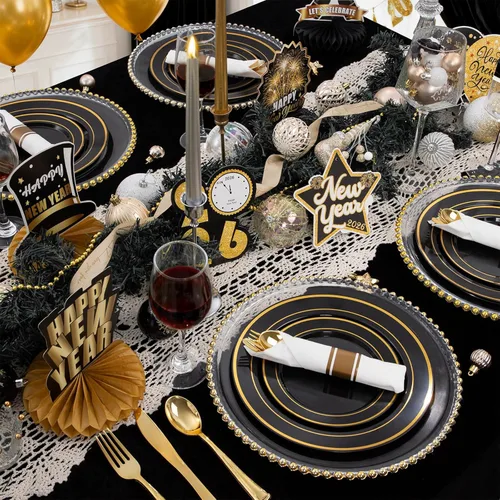 Miniatura 8 de WDF 125 platos negros desechables con borde dorado y cubiertos desechables de plástico dorado para Halloween, 50 platos de graduación, 25 tenedores