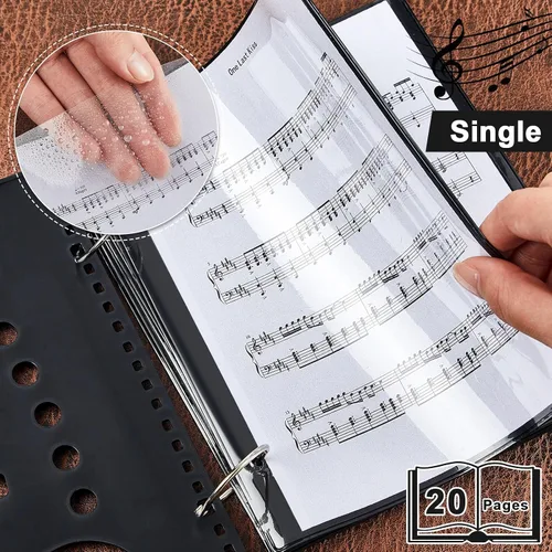 Miniatura 4 de Amylove Carpeta abatible negra con páginas y trompeta de lira con 2 anillos de carpeta, 20 páginas impermeables de PVC para ventana, accesorios