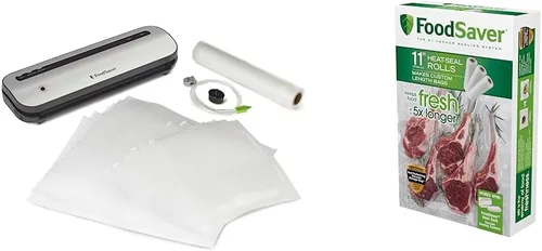 FoodSaver Sellador al vacío que ahorra espacio con bolsas y rollo, bolsas selladoras al vacío y plateadas, rollos para almacenamiento hermético de