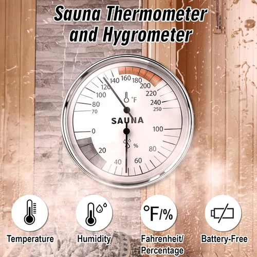 Miniatura 6 de Termómetro de sauna Fahrenheit e higrómetro, medidor de higrotermógrafo de metal mecánico 2 en 1, accesorios de sauna, monitor preciso
