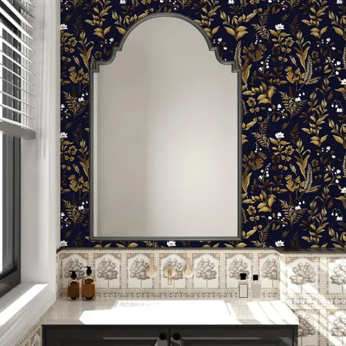 Miniatura 7 de Papel tapiz floral vintage azul marino oscuro extra largo, 17.5 pulgadas x 393 pulgadas, papel de contacto bohemio pelable, papel de pared botánico