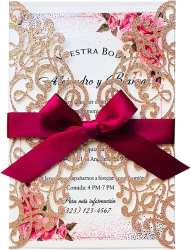 Miniatura 12 de Kit de invitaciones de boda de 5.12 x 7.28 pulgadas, 20 unidades de champán en blanco, con purpurina, cortadas con láser, tarjetas de invitación