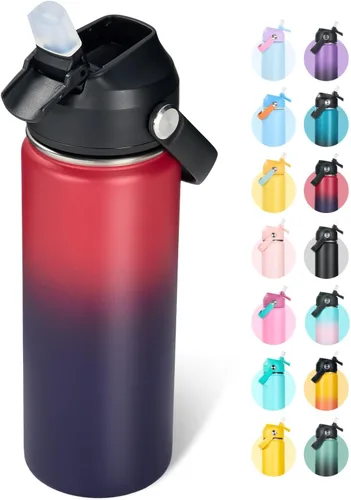 Miniatura 37 de Fijinhom Botella de agua aislada de acero inoxidable de 18 oz, de boca ancha, de doble pared, con vacío, con pajita de silicona, a prueba de sudor
