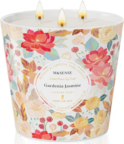 M&SENSE Vela Perfumada de Gardenia y Jazmín, 28.2oz Velas Grandes de Cera de Soja Natural de 3 Mechas, Duraderas de Combustión Limpia y Lenta Sin