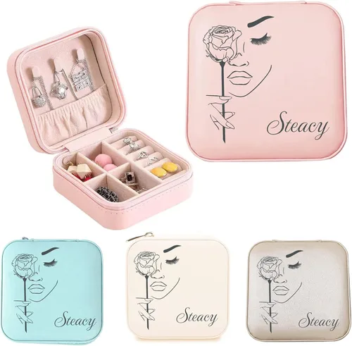 Joyero personalizado con tu nombre y mes de la flor de nacimiento, organizador de joyas de cuero personalizado, estuche de viaje, regalos Negro