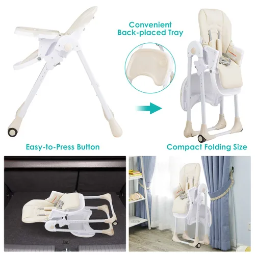 Miniatura 6 de BABY JOY Silla alta convertible para bebés y niños pequeños, altura ajustable, silla alta Grow & Go con reclinable y reposapiés, bandeja doble Beige