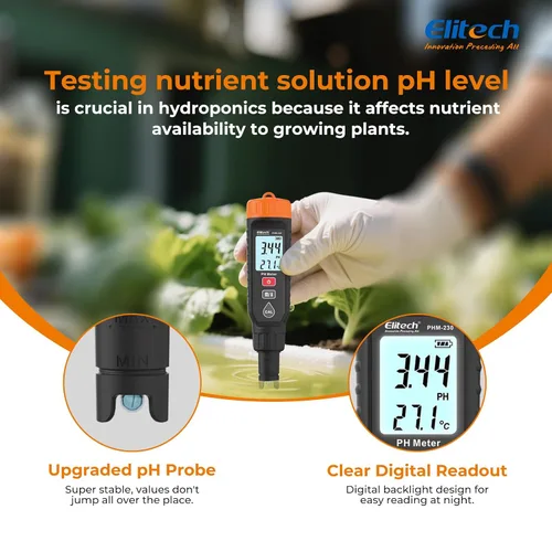 Miniatura 3 de Elitech Profesional Pluma Medidor de pH - Probador Digital para pH y Temperatura en Hidroponía, Soluciones de Crecimiento con Kit de Calibración