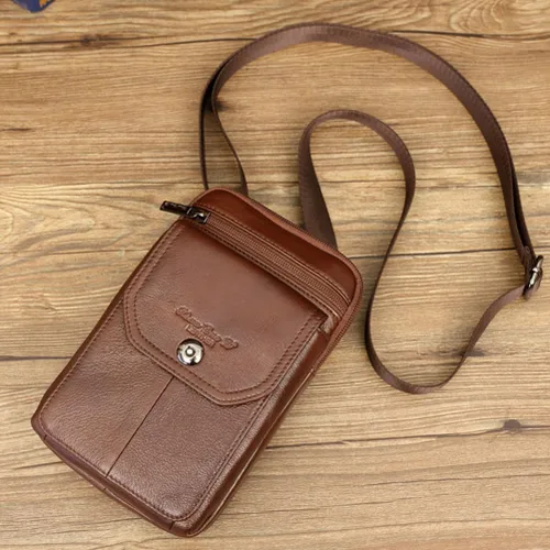 Miniatura 7 de Riñonera de piel de vaca de capa superior para hombre, riñonera lateral, bolsa para teléfono inteligente, modelo 8-marrón