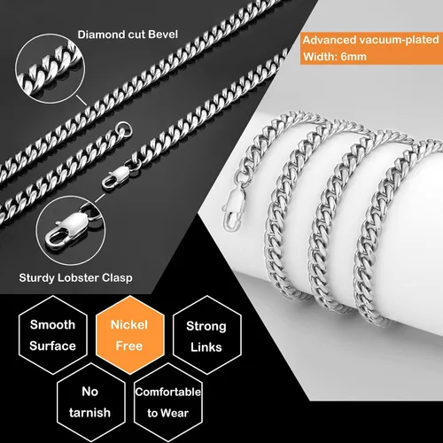 Miniatura 3 de Jewlpire Diamond Cut Miami Mens Cuban Link Chain Necklace Gold Chain Silver Chain for Men Boys Women Hip-Hop Cool Style 316L Stainless Steel18K