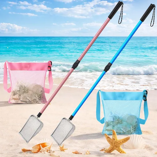 Miniatura 8 de Roshtia Paquete de 2 cucharas de tamiz de arena de playa con bolsas de concha, 18.5 a 30 pulgadas, tamiz de diente de tiburón adiustable, mango