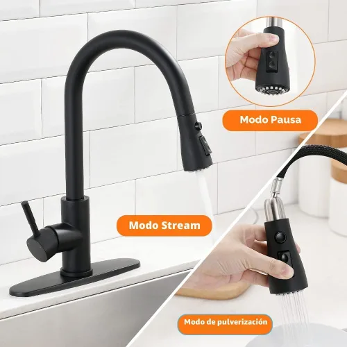 Miniatura 3 de Grifos de cocina de níquel cepillado con rociador extraíble Grifo de fregadero de cocina con rociador extraíble Montaje en cubierta de un solo