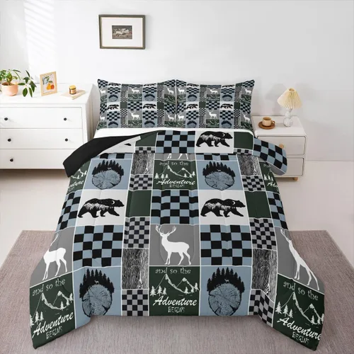 Miniatura 151 de Juego de edredón de oso y ciervo, tamaño individual, ropa de cama de animales salvajes de caza, colcha rústica de cabaña, casa de campo, cuadros
