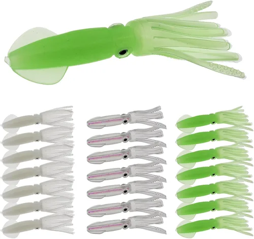 Miniatura 10 de Señuelos de pesca de calamar con cola de pulpo - Cabeza de anzuelo con luz de plástico suave - Kit de cebo para pesca de trucha y lubina
