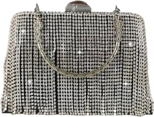 Boutique De FGG Bolso de mano de cristal con borla, elegante bolso de noche para novias, bolsos de diamantes de imitación de fiesta de boda
