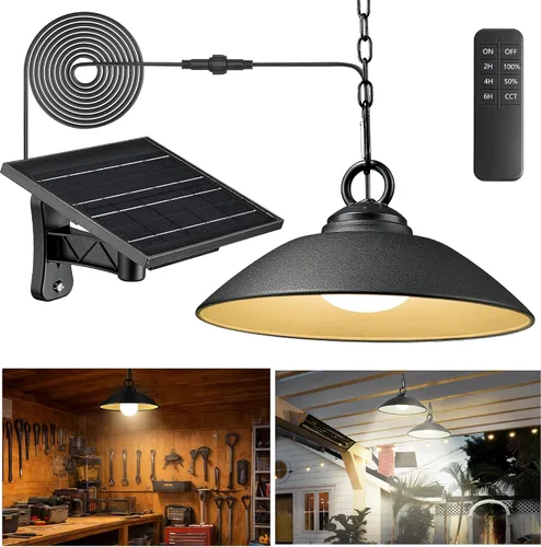 Luces colgantes solares con control remoto, 3 colores, 2 modos de brillo, temporizador, lámpara de techo colgante para exteriores de 20 cm, para