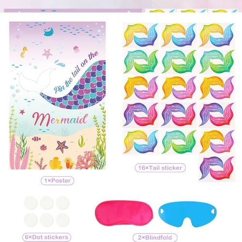 Miniatura 3 de Pin The Tail on The Mermaid Game con 32 colas bajo el mar, decoraciones de fiesta de cumpleaños para niños, recuerdo de fiesta de cumpleaños