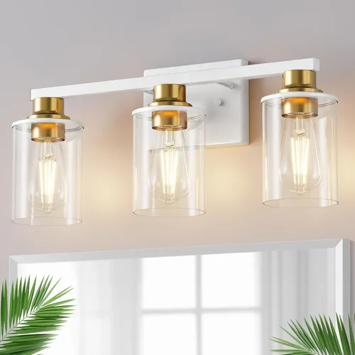 Miniatura 39 de DORESshop Lámparas de baño, 3 luces negras y doradas para baño sobre espejo con pantalla de vidrio transparente, luces de tocador para baño, Negro