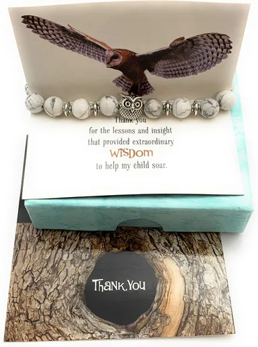 Miniatura 4 de Smiling Wisdom - Tarjeta de agradecimiento para profesor y pulsera de piedra elástica de búho - Mujer