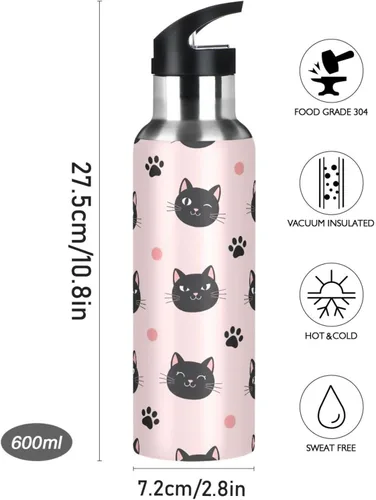 Miniatura 9 de Cute Black Cat Pink Stainless Steel Water Bottle 20 Oz, BPA-Free Sports Water Bottle with Straw Leakproof Water Bottles