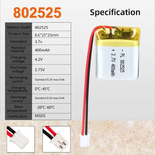 Miniatura 3 de 3.7V 400mAh 802525 Lipo batería recargable de iones de polímero de litio con conector PH2.0.000 in JST