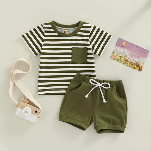 Miniatura 2 de Conjunto de ropa casual de manga corta con botones y pantalones cortos de lino para bebés y niños pequeños