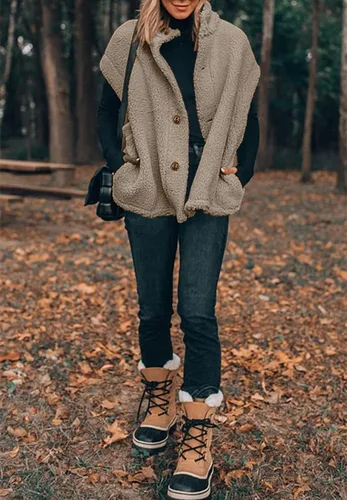 Miniatura 47 de Hongqizo - Chaleco de forro polar mullido para mujer, casual, de gran tamaño, cálido, con botones, chaqueta de sherpa con bolsillos