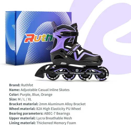 Miniatura 6 de Ruthfot Patines en línea ajustables para niños y niñas con ruedas de luz completa, patines para exteriores para niños y mujeres B Púrpura claro