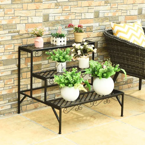 Miniatura 8 de Giantex Soporte de metal negro para plantas de 3 niveles, soportes de metal para plantas con 6-9 soportes de capacidad en maceta, estante