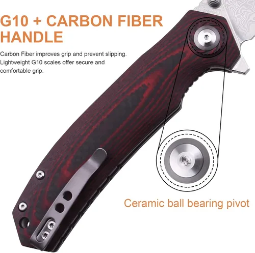 Miniatura 6 de SHIELDON Charkos - Cuchillo plegable VG10 Core 67 capas de acero de Damasco de 4 pulgadas, hoja de punto de caída, Scarlet G10, mango de fibra