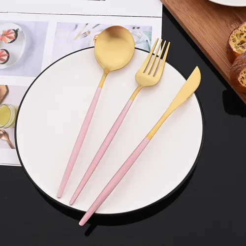 Miniatura 3 de JASHII Juego de 40 cubiertos de color rosa mate y dorado, juego de cubiertos de acero inoxidable para 8, incluye cucharadas de tenedor para tartas