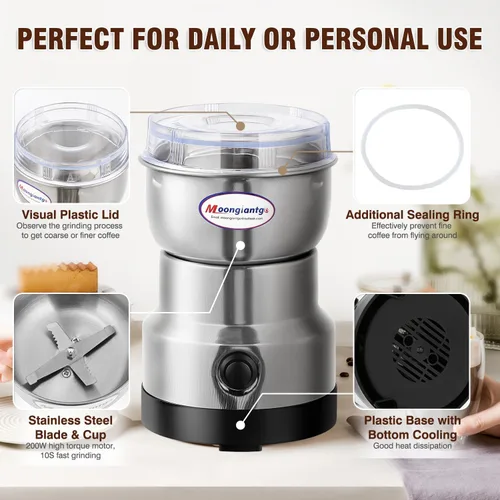 Miniatura 2 de Moongiantgo - Molinillo de café eléctrico, mini molinillo de especias, 200W, molienda rápida de 10s, molino de grano seco para especias, semillas