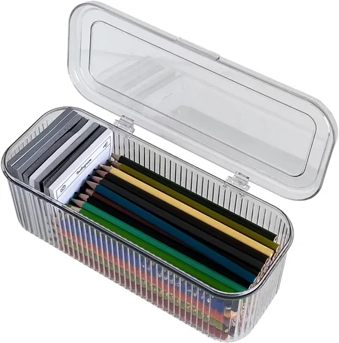 Miniatura 6 de Organizador de bolígrafos transparente con tapa, caja de almacenamiento de accesorios de cajón de escritorio de plástico para oficina en casa