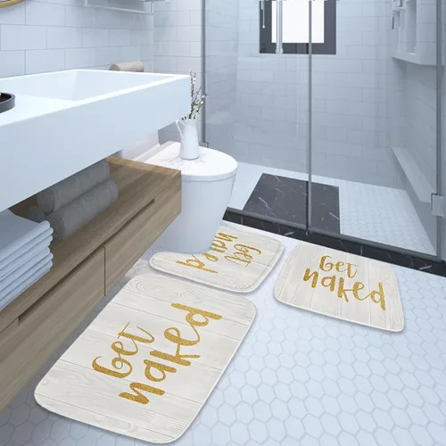 Miniatura 5 de Gold Get Naked - Juego de alfombras y tapetes de baño de tela dorada y blanca, 3 piezas de espuma viscoelástica, tapete de baño de terciopelo
