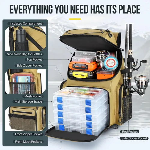 Miniatura 4 de PLUSINNO - Mochila de pesca con portacañas y enfriador de 45L, mochila grande resistente al agua para aparejos de pesca, ideal para guardar