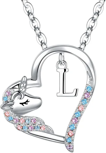 Anoup Collar con inicial de unicornio, chapado en oro de 14 quilates, hipoalergénico con circonita cúbica, colgante de diamante simulado, joyería