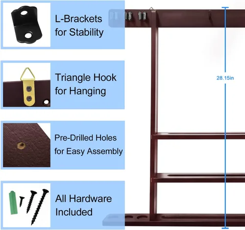 Miniatura 3 de Soporte para palo de billar, soporte de pared para taco de billar, accesorios para billar, bar, sala de juegos (caoba)