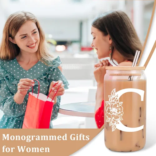 Miniatura 3 de Taza de Vidrio Inicial Coolife, Regalos Personalizados para Mujeres, Tazas de Vidrio de 16 oz con Tapas y Popotes, Vaso de Café Helado, Licuado