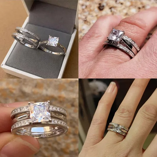 Miniatura 2 de Wuziwen Juego de anillos de novia de princesa para mujer, alianza de boda, realzadores de plata de ley con circonita cúbica, talla 4-13, Piedra