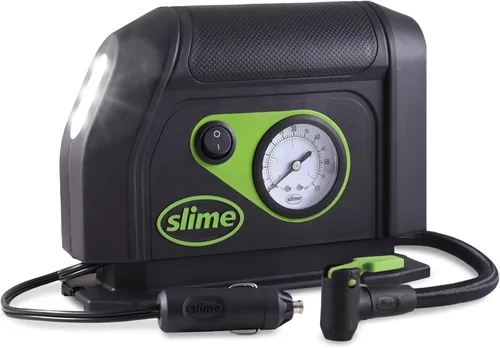 Slime 40050 Inflador de Neumáticos, Compresor de Aire Portátil para Auto, con Dial Analógico de 100 psi, Manguera Larga y Luz LED, 12V, Inflado de 8