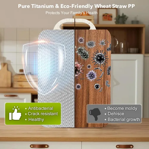 Miniatura 4 de Tabla de cortar de titanio, tabla de cortar para tablas de cortar de cocina de doble cara con titanio puro y paja de trigo PP, fácil de limpiar