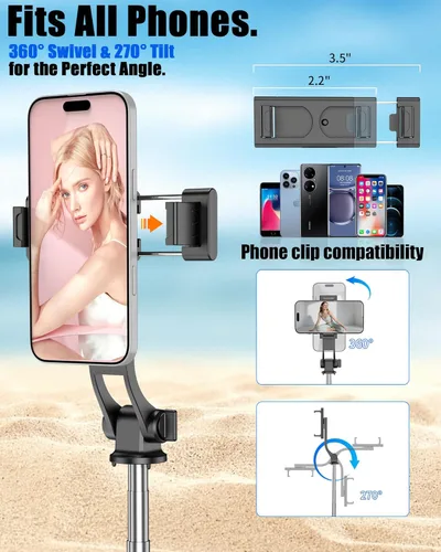 Miniatura 4 de Palo de Selfie de 40" con Luz y Control Remoto Inalámbrico, Soporte de Trípode Portátil para Teléfono para iPhone y Android, Palo de Selfie Ligero